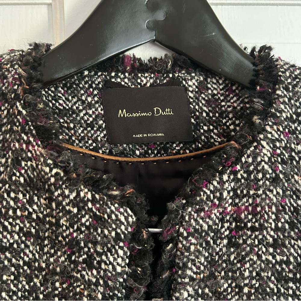 Massimo Dutti Cropped Boucle Tweed Blazer Black White Purple Size 2 - Picture 2 of 15